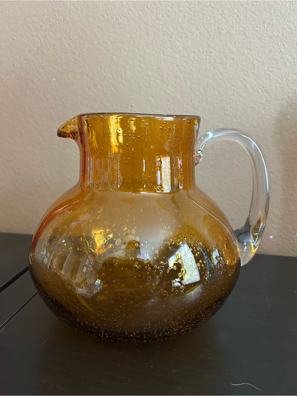 Artland Iris Hand Blown Glass Pitcher Amber Air Bubbles